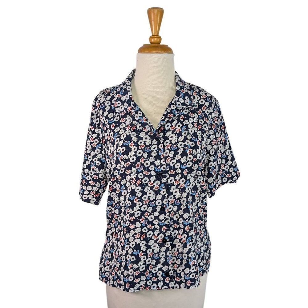 Leslie Fay 10 M Navy Blue Floral Button Down Shirt Short Sleeve VTG Cottagecore